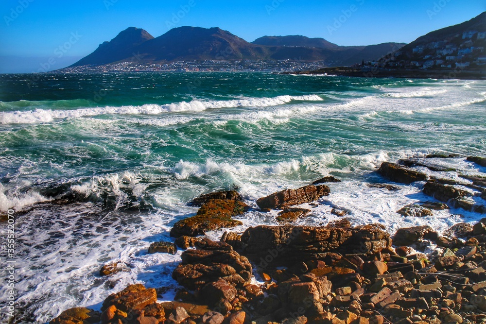 Scenic view of False Bay near Cape Town, Western Cape, a stretch of coast on the southwestern tip of South Africa spanning an area from Table Mountain National Park to Cape Point.