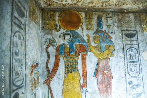 Ancient burial chambers with Egyptian hieroglyphics at the valley of the kings, Luxor, Egypt.