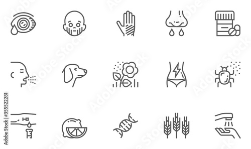 Allergy and Allergens Vector Line Icons Set. Allergy to Animal Hair, Food and Pollen, Skin Itching, Increased Lacrimation. Editable Stroke. 48x48 Pixel Perfect.