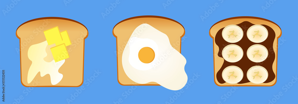 Toast icons. Toast with butter, with egg, banana and chocolate. Toast icons. Toast with butter, with egg, banana and chocolate.