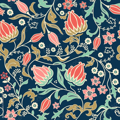 Seamless floral pattern in folk style with wildflowers  leaves. Hand drawn. Vector illustration