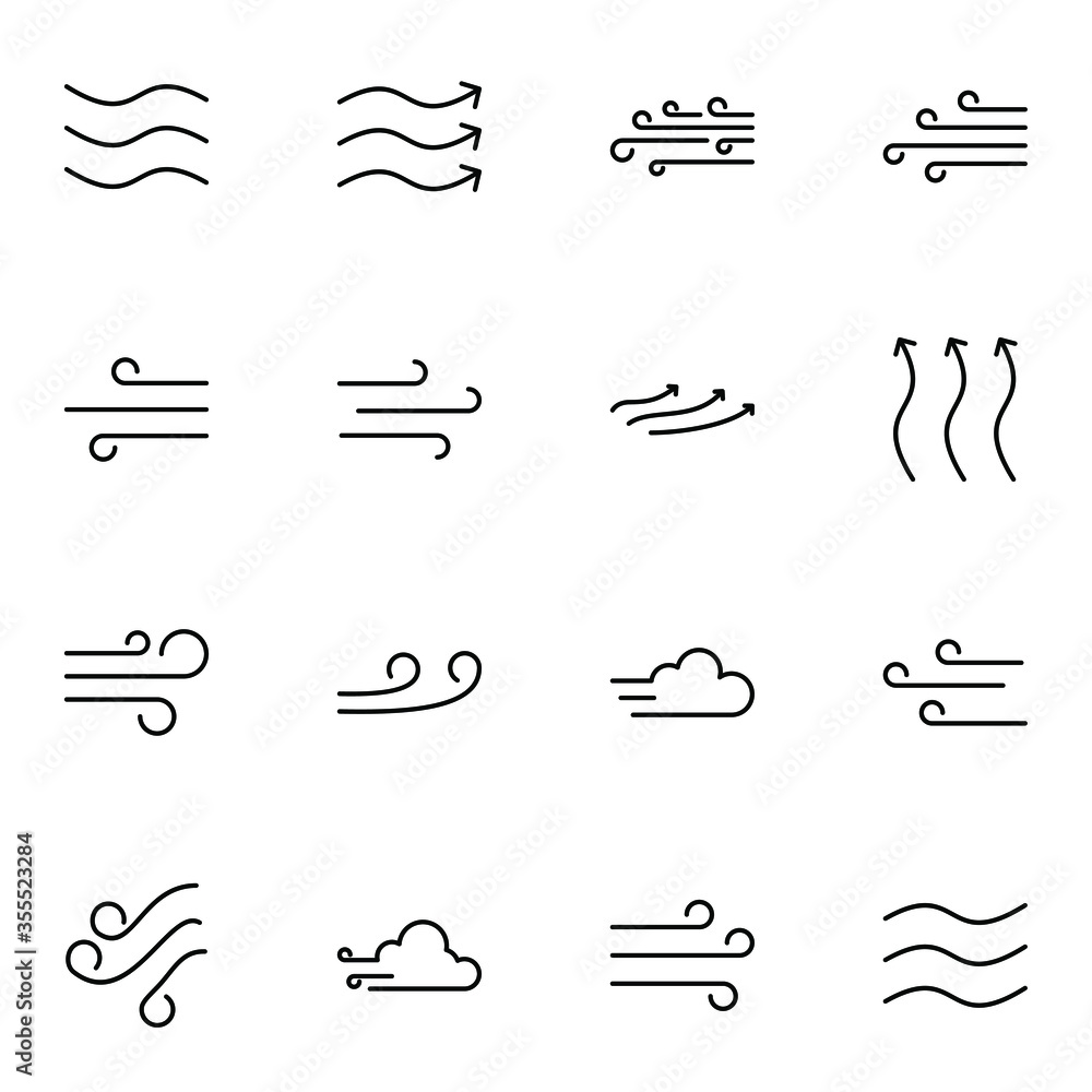 Air icon set. Simple wind, breeze, cloud, zephyr outline icons sign ...