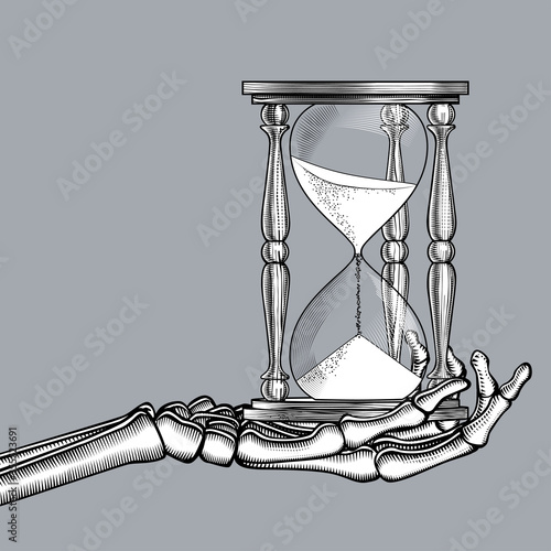 Engraved drawing of skeleton hand with a retro hourglass