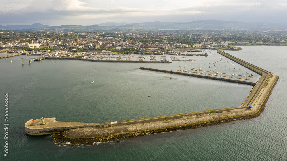 Aerial view of sailing boats, ships and yachts in Dun Laoghaire marina harbour, Ireland