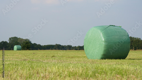 Two large round bales of hay on the field, the hay has been baled for silage and is then wrapped in green plastic foil to preserve quality of the forage crop, and so they can be stored outside photo