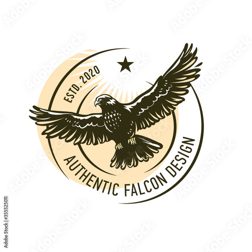 Falconry hunting logo. Predator species with broad wings, sharp beaks and claws. Hawk with grey plumage flying in sky. Vector illustration.