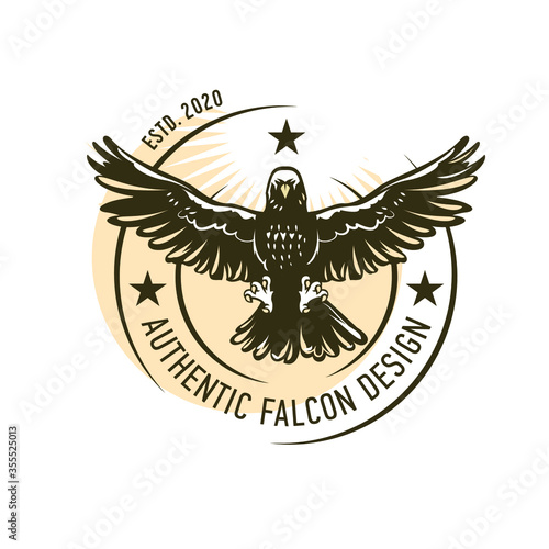 Falconry hunting logo. Predator species with broad wings, sharp beaks and claws. Hawk with grey plumage flying in sky. Vector illustration.