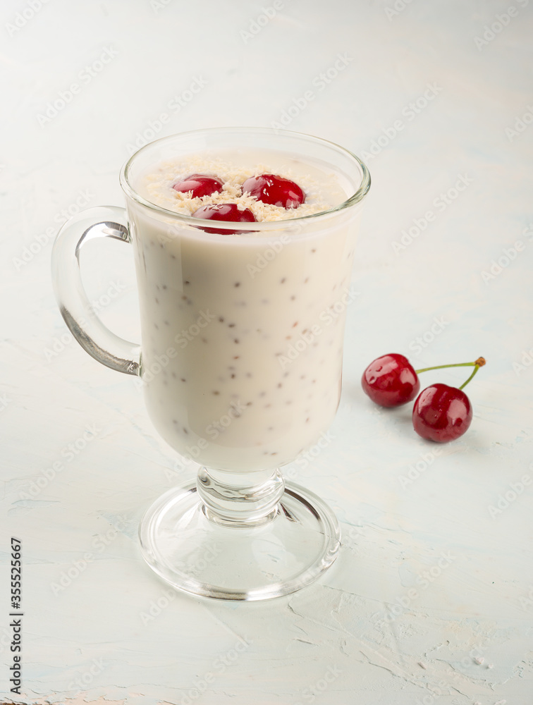 Chia yogurt pudding with coconut flakes and cherry berries. Chia yogurt pudding with coconut flakes and cherry berries.