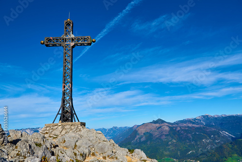 A cross from the top of the mountain Katrin. Salzkammergut region, Bad Ischl, Austria.
