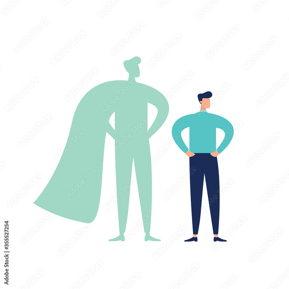 vector business illustration, male with superhero shadow, symbol of ambition motivation leadership