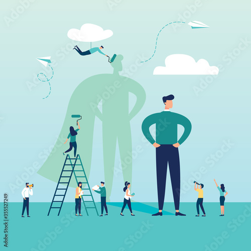 vector business illustration, male with superhero shadow, symbol of ambition motivation leadership