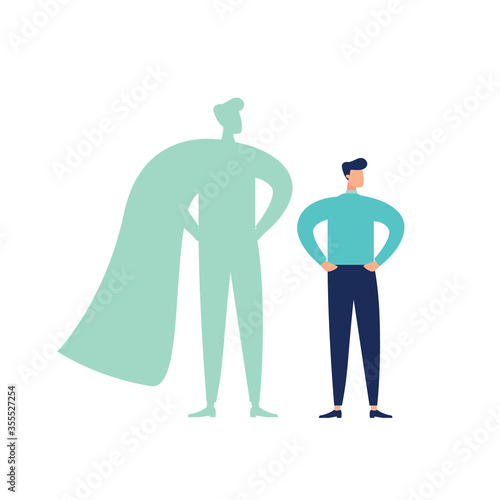 vector business illustration, male with superhero shadow, symbol of ambition motivation leadership