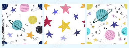 Set of seamless pattern with cute planets and stars. Creative children's texture in Scandinavian style. Great for fabric, textile vector illustration, children's holidays. Space pattern