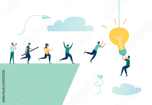 vector illustration, people run over a cliff, trying to get an idea, incentive to win