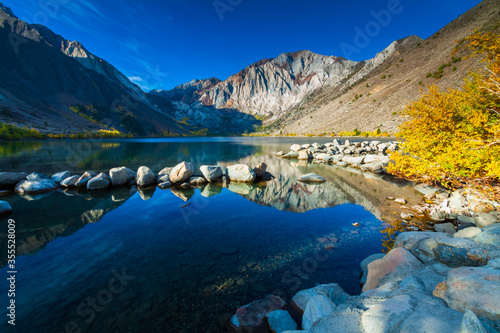 Reflection of Laurel Mountain and Mount Morrison in  Convict Lake, Mammoth Lakes, California, USA photo