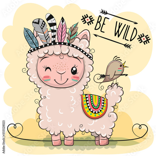 Cartoon Alpaca with feathers on a blue background