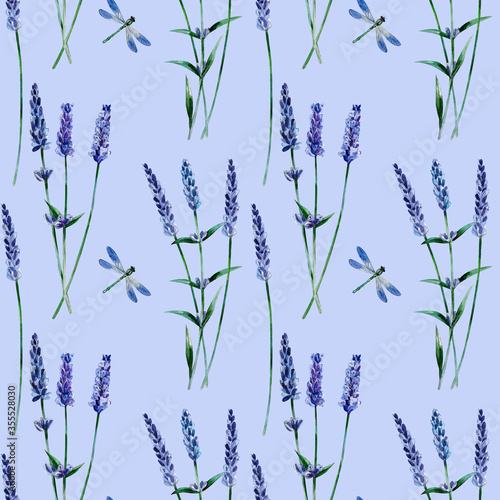 Lavender and dragonfly. Floral seamless pattern design for wallpaper, textile, fabric, paper. © Ilona
