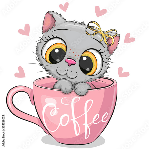 Cartoon kitten with a bow is sitting in a Cup of coffee