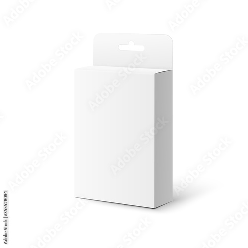 Template box with hang tab close view, realistic vector illustration isolated.