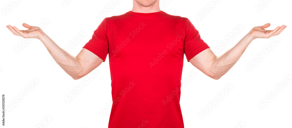 Front view of man in red t-shirt hold something on palm isolated white Front view of man in red t-shirt hold something on palm isolated white