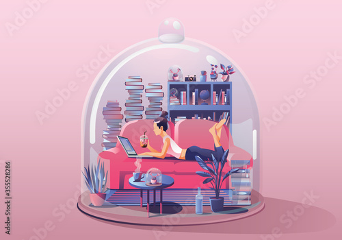 Young Woman Staying at home. Working and reading a book. Surrounded by books and plants. Miniature house. Stay home and stay safe with social distancing. Quarantine concept Vector Illustration