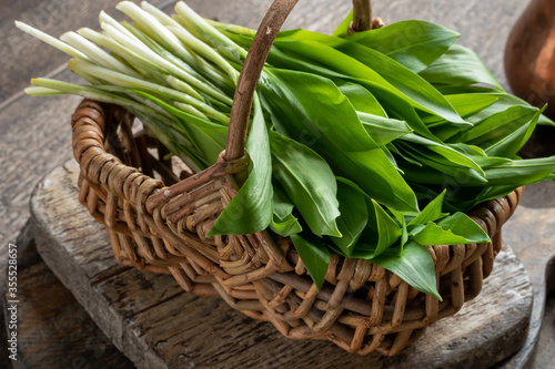 Fresh young wild garlic leaves in a basket