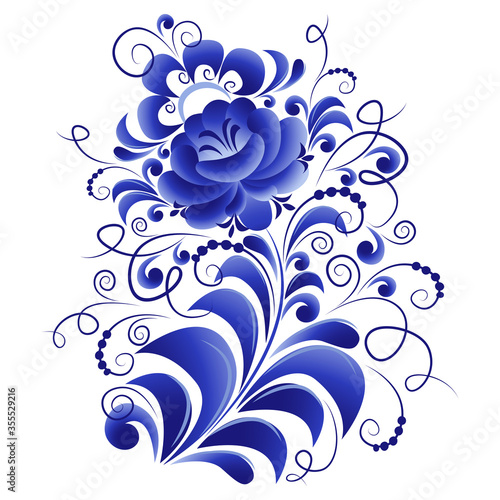 Floral vector element, abstract design, made in the technique of Russian folk art Gzhel