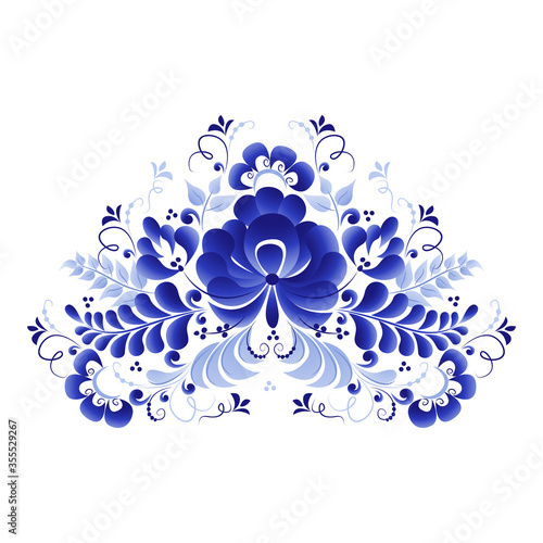 Vegetative vector element, abstract design, made in the technique of Russian folk art Gzhel