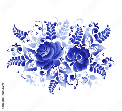 Vegetative vector element, abstract design, made in the technique of Russian folk art Gzhel