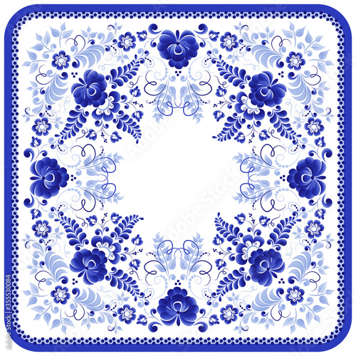 A blue floral ornament in a square suitable for the design of a shawl, tiles, tablecloths, plates. Made in the Russian folk style Gzhel