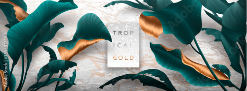 Palm leaves, gold, marble template, artistic covers design, colorful texture, modern backgrounds.Trendy pattern, graphic brochure. Luxury Vector illustration