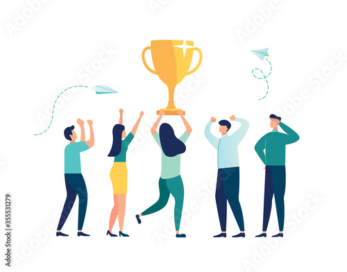 vector illustration. people stand on the podium first, second and third place. best score winner prize