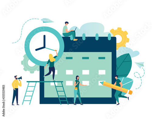 vector illustration. little people characters make an online schedule in the tablet. design business graphics tasks scheduling on a week 