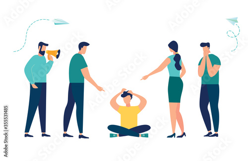 Vector illustration, the problem of bullying, a man sits on the floor surrounded by people mocking him.