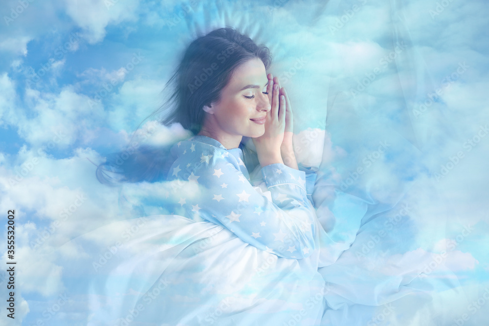 Double exposure of young woman sleeping in bed and blue sky Double exposure of young woman sleeping in bed and blue sky