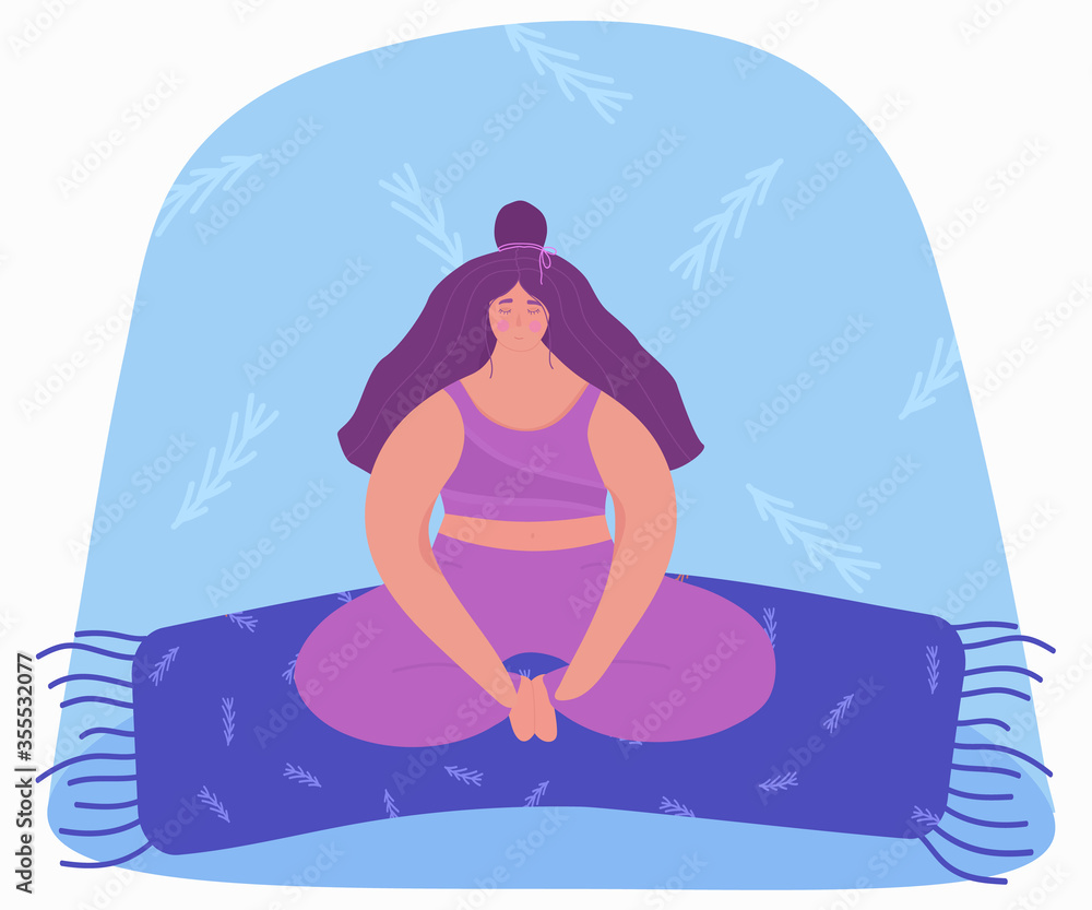 A woman practices yoga at home on the rug. Yoga Pose. Meditation. Relaxation. Vector Illustration. A woman practices yoga at home on the rug. Yoga Pose. Meditation. Relaxation. Vector Illustration.