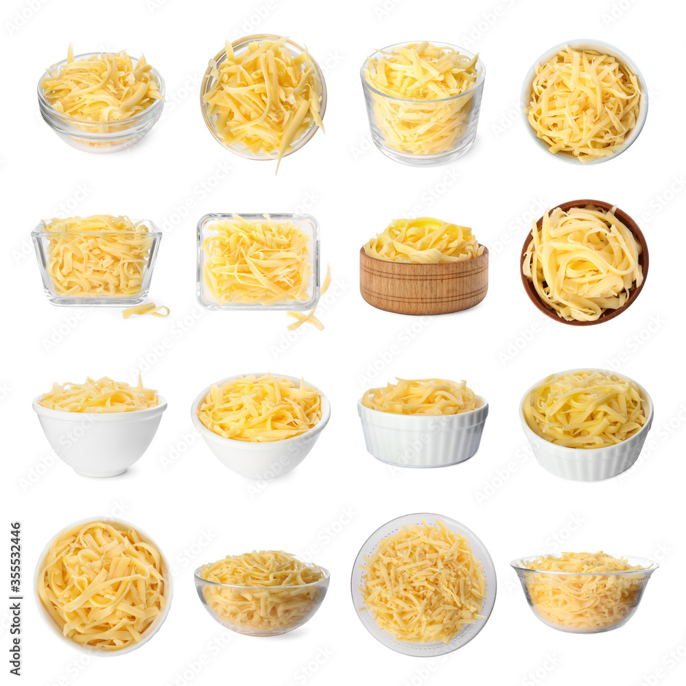 Set with bowls of grated cheese on white background Set with bowls of grated cheese on white background
