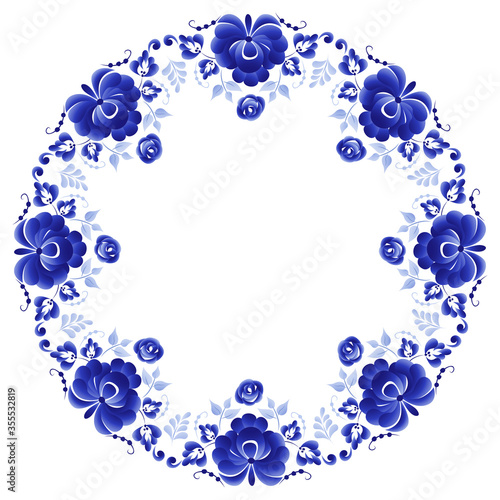 Round plate with a floral pattern of stylized roses is made using the Russian folk art Gzhel technique