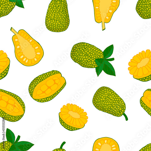 Jackfruit on white background. Hand drawn seamless pattern. Stock vector illustration.
