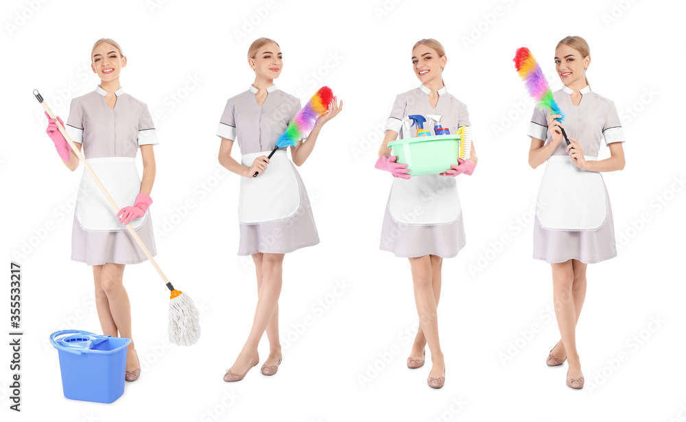 Collage with photos of chambermaid on white background