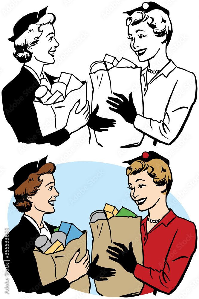 A cartoon of two women having a conversation while holding paper bags of groceries. A cartoon of two women having a conversation while holding paper bags of groceries.