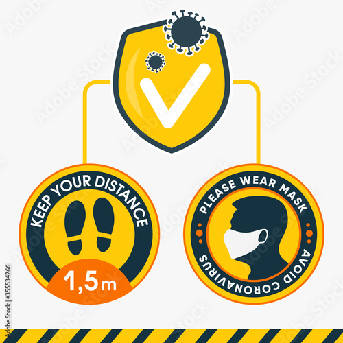 Square banner printable and social media. Round sticker Keep your distance 1,5 meters, and please wear a mask. For your safety and ours. Avoid coronavirus.