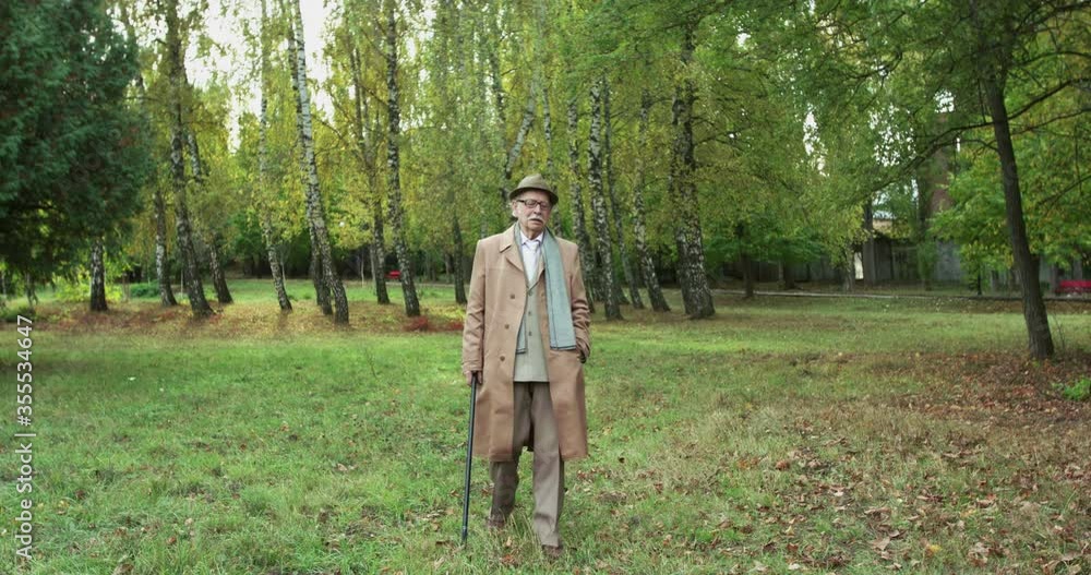 Old grandfather walking with crutch slowly on park lawn. Slowly in 4K Old grandfather walking with crutch slowly on park lawn. Slowly in 4K