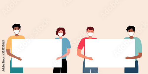 Masked international men holding a banner for a demonstration on a white background. Isolated vector illustration. Cartoon rally for human rights.