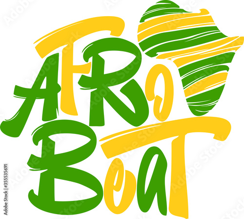 Afro Beat text with African continent silhouette. Hand lettering illustration made in grunge street style. Logo for dance events, party.