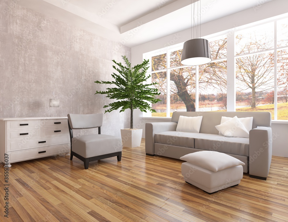 Fototapeta premium White minimalist room interior with furniture on a wooden floor, frames on a large wall, white landscape in window. Home nordic interior. 3D illustration