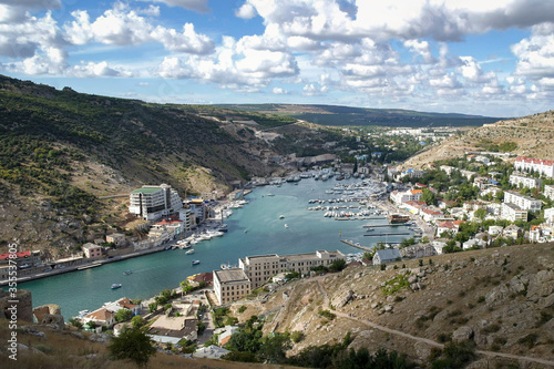 View of a quiet bay surrounded by mountains