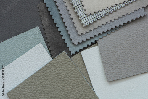 Various Leather and Fabric samples. Close up view from above.