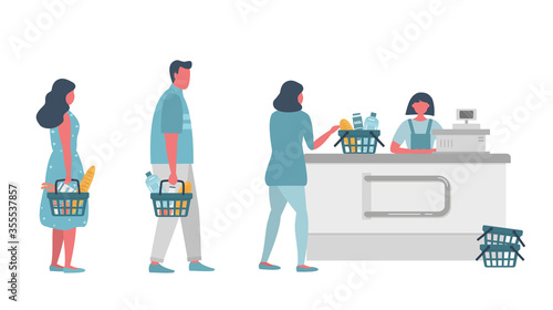 Buyers in the supermarket. There is a supermarket cashier behind the cash register. Shoppers hold food baskets in their hands. Vector ilustration in flat style