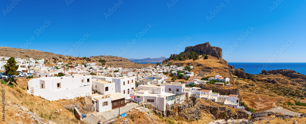 View of the village of Lindos with the Acropolis on the hill.Rhodes, island, Greece